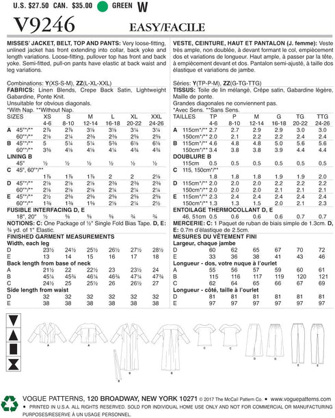 Vogue Patterns V9246 Misses' Drop-Shoulder Jackets, Belt, Top with Yokes, and Pull-On Pants Sewing Pattern, Size ZZ (LRG-XLG-XXL)...