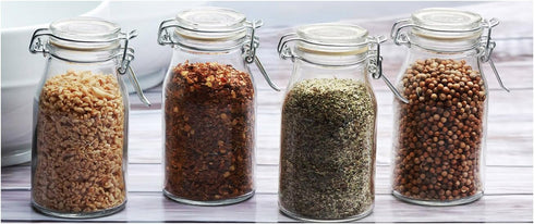 Circleware Clear Mini Round Glass Spice Jar with Swing Top Hermetic Airtight Locking Lid, Set of 4 Kitchen Glassware Food Preserving Storage Conta...