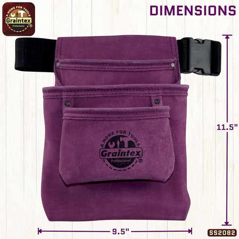 Graintex SS2082 3 Pocket Nail & Tool Pouch Purple Color Suede Leather with 2” Webbing Belt for Constructors, Electricians, Plumbers, Handymen...