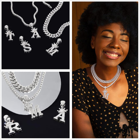 Honsny Cuban Link Chain For Women Men Silver Crown Initial Pendant Necklace Iced Out Miami Bling Diamond Tennis Chain Necklaces A-Z Letter Pendant...