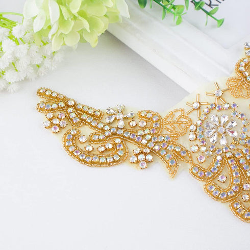 ShiDianYi Rhinestone Applique Gold Bridal Wedding Applique Crystal Pearl Diamante White Wedding Sash RA (AB Gold)...