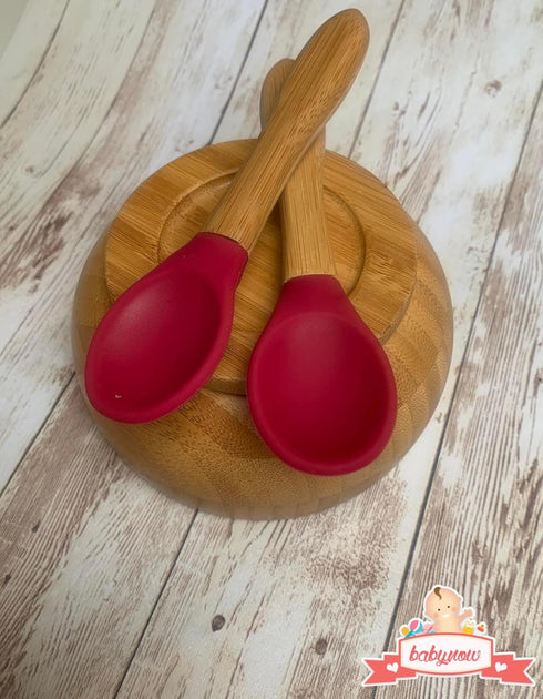 Babynow Bamboo Baby Spoons Self-Feeding Supplies for 6+ Months Babies & Toddlers in Bamboo & Soft Tip Designs BURGUNDY Pack of 2...