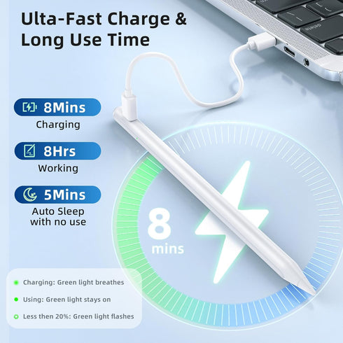 Stylus Pen for iPad,8 Mins Fast Charge Active Pencil for Apple iPad 2018-2023,Palm Rejection Tilt Sensitivity Magnetic Pen Work for iPad Pro 11" &...
