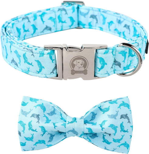 MR. CHUBBYFACE Summer Dog Collar Blue Collar with Bow Adjustable Dolphin Dog Collar Bowtie for Small Medium Large Dogs...