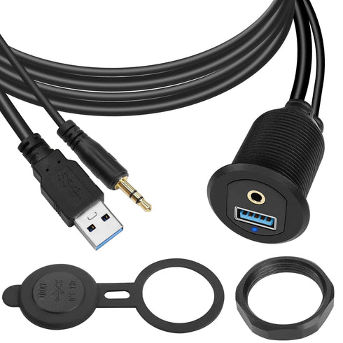 QIANRENON USB3.0 & 3.5mm Audio Threaded Fixed Embedded Car Waterproof Cable 5Gbps TRS 3.5mm & USB3.0 Dashboard Panel Mount Extension Cable, LED Li...