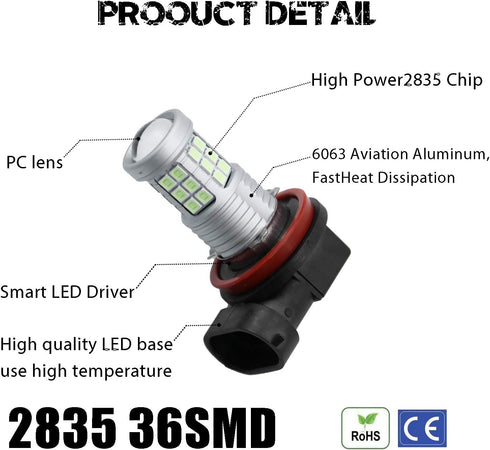 Super Bright 3000lm H8 H11 LED Fog Lights Bulbs DRL High Power 3030 Chips with Projector Lens Replacement for Cars Trucks, Ice Blue...