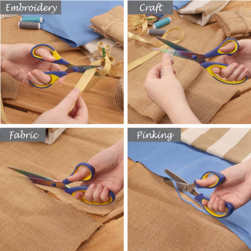 BambooMN Titanium Softgrip Scissors Set - Pinking, Sewing, Arts, Crafts, Office - 1 Set of 4 - Blue w/Yellow...