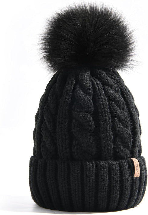 FURTALK Winter Beanie Knit Hat for Women Warm Fleece Lined with Faux Fur Pom Poms Womens Thick Ski Hats Knitted Skull Cap...