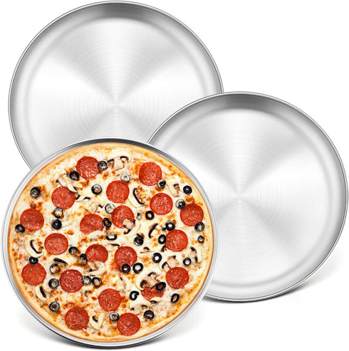 P&P CHEF 10 Inch Pizza Pan, 3 Pieces Stainless Steel Round Pizza Tray Dish Plate For Oven Baking Roasting, Healthy & Heavy Duty, Rust Free & Dishw...
