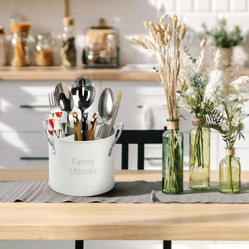 4 Compartment Kitchen Utensil Holder, 5.7 Inch Large Metal Utensil Caddy for Countertop, Utensil Crock Organizer with Removable Divider, Silverwar...