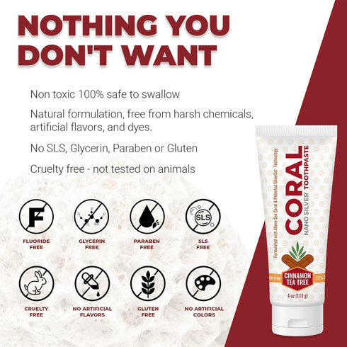 Coral Nano Silver Cinnamon Tea Tree Toothpaste, Natural Fluoride Free Teeth Whitening Toothpaste, Coral Calcium Nano Silver Infused SLS Free 4 Oun...