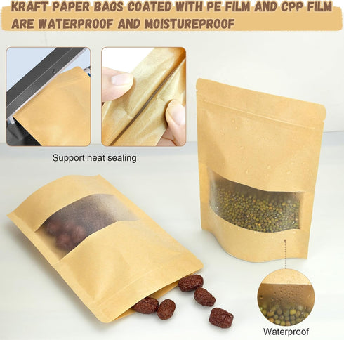 Reusable Food Storage Bags, Resealable Bags for Food, 50 PCS 5.9"×8.7" Kraft Paper Bags with Window,Stand Up Pouches, Brown Paper Bags for Food Pa...
