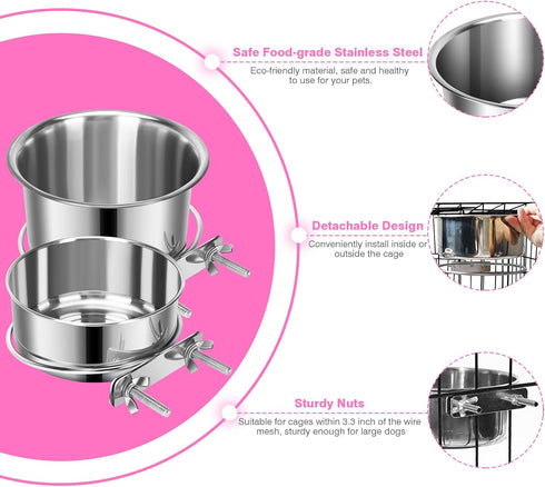 Pet Dog Food Water Bowl for Cage, Stainless Steel Non-Spill Kennel Hanging Cats Bowls with Clamp Holder Crate Feeder Dish for Small Medium Large D...