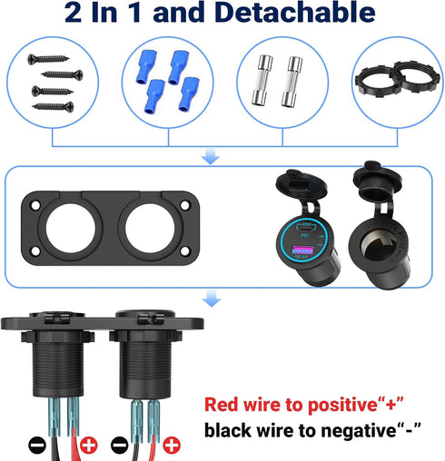 Cigarette Lighter Socket Outlet Qidoe 12V USB Outlet Car Charger Socket Panel 65W PD for Laptop & 18W QC3.0 Waterproof USB Power Outlet Adapter fo...
