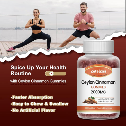Sugar Free Ceylon Cinnamon Gummies 2000mg, Cinnamon Supplement with Chromium and Cinnamon Bark, Cinnamon Supplement for Joint & Brain Support, Veg...