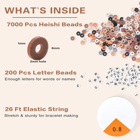 7200pcs Clay Beads Bracelet Making Kit, 10 Neutral Brown Colors 6mm Polymer Heishi Beads for Jewelry Making, Friendship Bracelet Kit with Letter B...