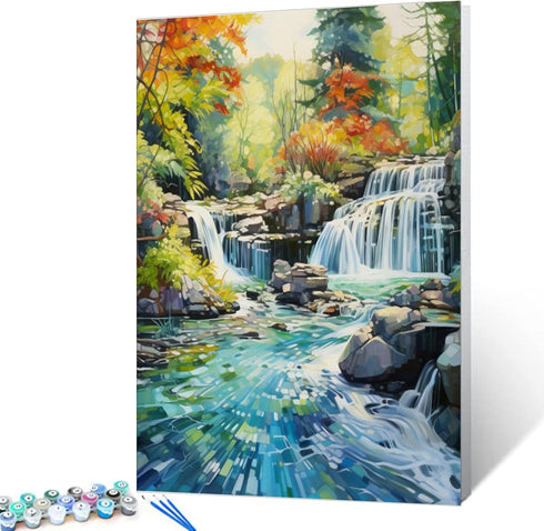 Spring Forest Waterfalls Scenery Paint by Numbers Kits 16x20 inch Canvas DIY Oil Painting for Kids, Students, Adults Beginner with Brushes and Acr...