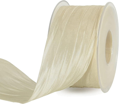 TONIFUL 2 Inch x 25 Yards Wide Beige White Crinkled Ribbon Silk-Like Wrinkled Ruffled Woven Solid Ribbons for Crafts Floral Bouquets Rustic Weddin...