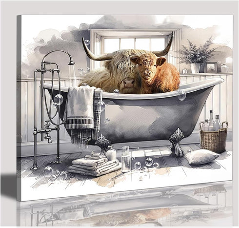 Rinsiken Highland Cow Wall Art in Bathtub Canvas Print - 12x16 inch Black and White Photo Bubble Funny Cattle Pictures Animal Painting Farmhouse A...