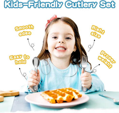 Toddler-Utensils-Kids-Silverware-Set, 8 PCS 18/10 Stainless Steel Toddler Forks and Spoons, Round Edges Children Cutlery Set with Dog & Cat Patter...