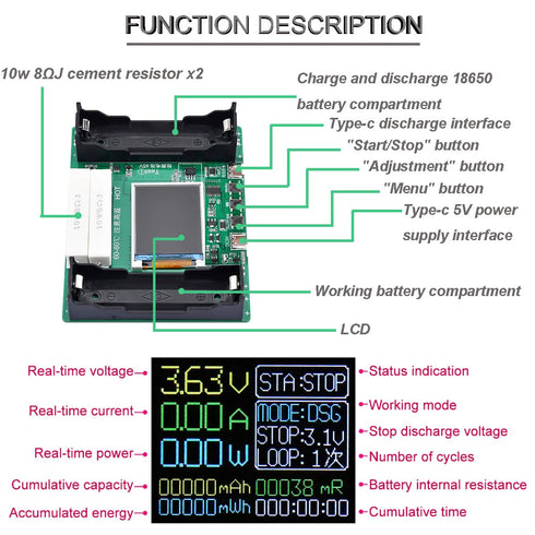 18650 Battery Capacity Tester LCD Display Digital Automatic Charge and Discharge Internal Resistance Tester MAh MWh Lithium Battery Type-C Port Te...