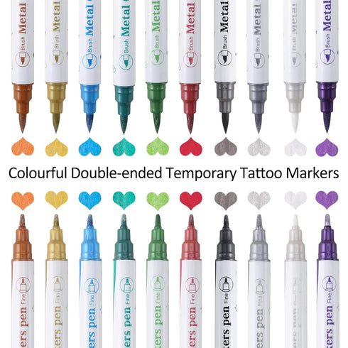 Temporary Tattoo Markers for Skin, 10 Body Markers + 200pcs Tattoo Stencils for Kids Teens and Adults, Dual-End Tattoo Pens Make Bold and Fine Lin...