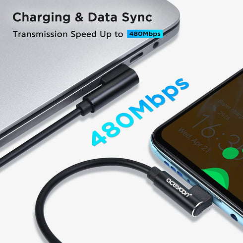 aceyoon 2-5ft Coiled USB C Cable, USB to USB C Auto Charging Cable, QC 3.0 Fast Charging Retractable Right Angle Type C Cable for Car, Compatible ...