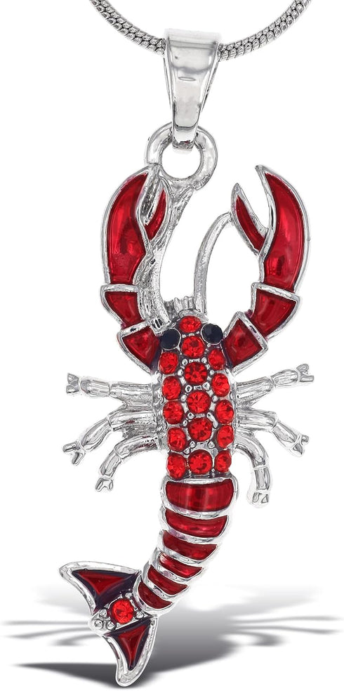 Silver Lobster Sparkling Crystal Pendant Necklace - Cute Necklace with Lobster Sparkly Jewelry, Elegant Ocean Life Animal Silver Charm Necklace Gi...