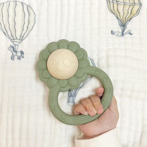 Rattle Teether, Lion Shape Montessori Baby Sensory Teething Toys, Food Grade Silicone BPA Free, Newborn Essentials Must Haves (Shifting Sand Sage)...
