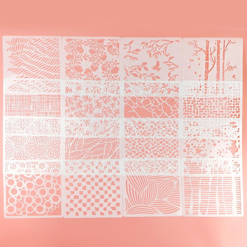 16 Pcs Layering Stencils for Painting, 6"x6" Mixed Texture Trees Flowers Leaves Dots Checkered Buffalo Crackle Splatter Stencils for Painting on C...