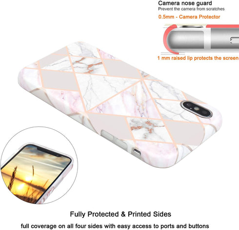 JAHOLAN Compatible iPhone X Case iPhone Xs Shiny Rose Gold Geometric Marble Design Clear Bumper Glossy TPU Soft Rubber Silicone Cover Phone Case -...