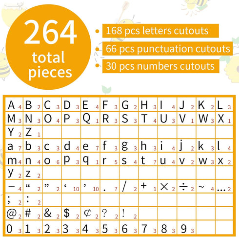 264 PCS Bulletin Board Letters Set, Bulletin Board Letters Numbers Punctuation Symbol Alphabet Cutouts Printed with Hive Bee Honey Sunflower for S...