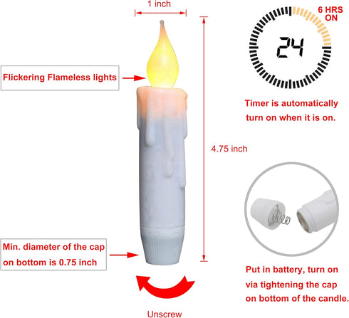 CVHOMEDECO. Flickering Taper Candles LED Drip Flameless Candles, Battery Operated with Timer, White, 4-3/4 Inch, Set of 3...