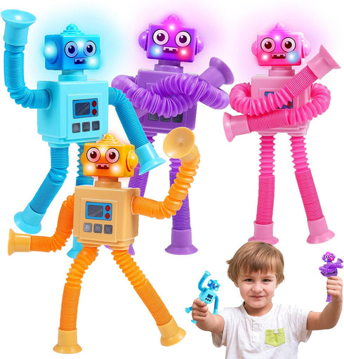 Robot Fidget Toys for Kids : 4 Pack LED Robotic Pop Tubes Telescopic Suction Cup Sensory Toy for 2 3 4 5 6 7 8 Year Old Boys Girls Christmas Birth...