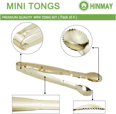 Mini Serving Tongs 5 Inches Appetizer Tongs, Set of 4 (Gold)...