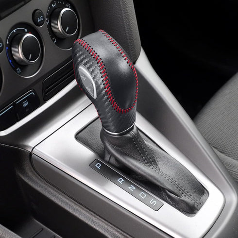 Compatible with DIY Genuine Leather Carbon Fiber Texure Gear Shift Knob Cover Interior Accessories Protective Cover for Ford Focus Mondeo Fusion E...