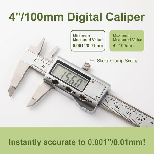 All-Metal Digital Caliper 0-4"Measuring Tool, Micrometer Caliper with Auto-Off Feature, Interchangeable Between inches and millimeters for DIY/Hou...