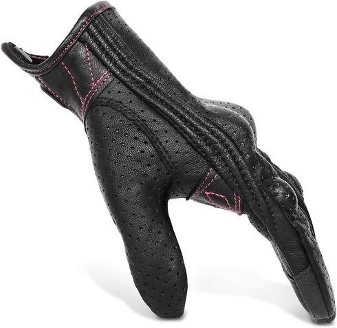 Women ’s Touchscreen Motorcycle Gloves Full Finger Black Leather Armored Ladies Motorbike Gloves (G01W-Black Leather with Rose Line, M)...