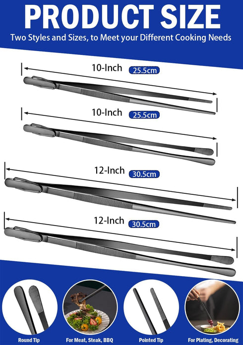 JETKONG 4 Pcs Kitchen Tweezers, 12'' and 10'' Stainless Steel Cooking Tweezers Set, High-Precision Tweezers Tongs for Cooking, Repairing, Seafood ...