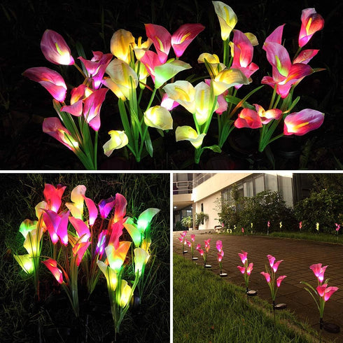 Aloudy Solar Garden Stake Lights, Upgraded 3 Pack Outdoor Waterproof Solar Powered Lights with 12 Calla Lily Flowers, 7 Colors Changing LED Solar ...
