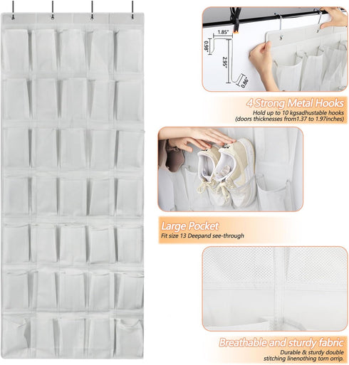35 Large Pockets Over the Door Shoe Organzier, Hanging Shoe Organizer for Door Large Capacity Shoe Storage Bag with 4 Metal Hooks...
