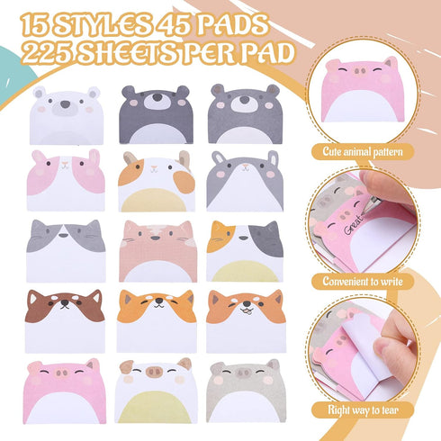 6 Packs Cute Animal Sticky Notes, 225 Sheets Self-Adhesive Cartoon Animal Sticky Note Pads, Multifunctional Removable Different Shapes Sticky Memo...
