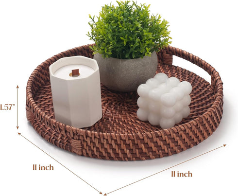 11 inch Rattan Tray, Round Wicker Tray with Cut-Out Handles, Woven Serving Tray for Dining / Coffee Table...