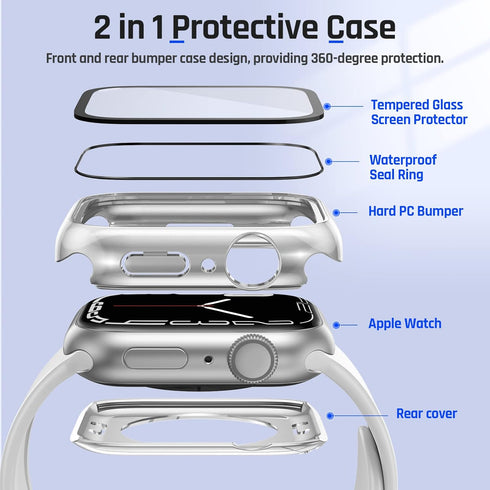 Goton 2 in 1 Waterproof Case for Apple Watch Series 9 8 7 Screen Protector 45mm, 360 Protective Glass Face Cover Hard PC Bumper + Back Frame for i...