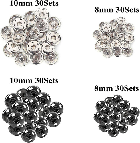 Kenkio 120 Sets Sew-on Snap Buttons Metal Snaps Fasteners Press Studs Buttons for Sewing, 8 mm and 10 mm,Black and Silver...