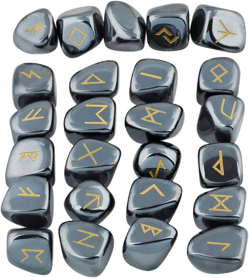 SUNYIK Natural Hematite Rune Stones Set with Engraved Elder Futhark Alphabet Lettering Polished Healing Crystal Kit...