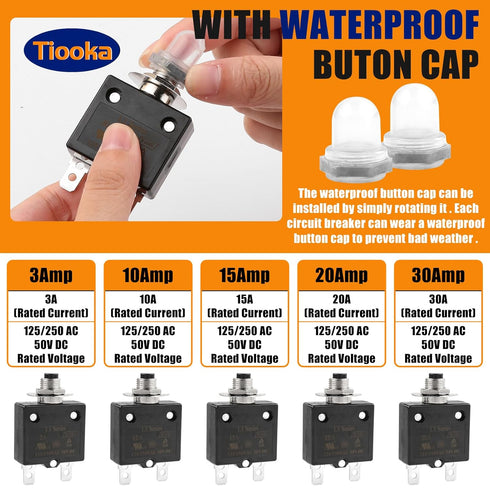 10A Manual Reset Button Circuit Breaker 2 Pack 125/250V AC 50V DC Thermal Overload Protector with Quick Connect Terminals and Waterproof Button Ca...