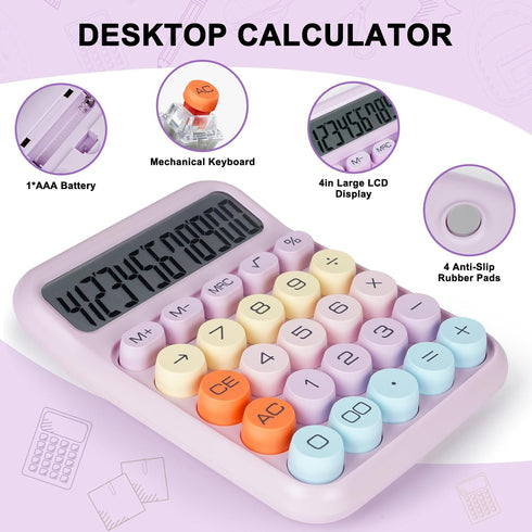 Mechanical Switch Calculator with Big Buttons, Calculators Desktop, 12 Digits, Large LCD Display, Desk Calculator, Cute Pink Calculator for Teache...
