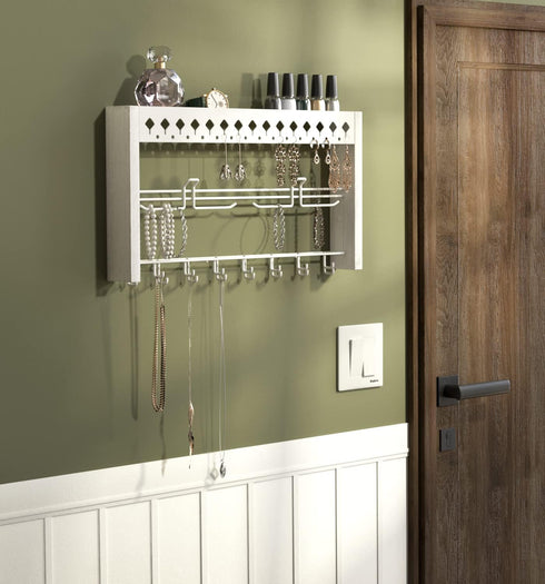 JackCubeDesign - Wood Wall Mount Jewelry Organizer with Metal Hooks for Necklaces, Ring, Earrings (White Wood) - MK460C...