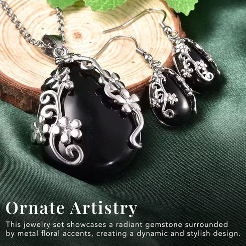 Jewelry Set for Women - Floral Gemstone Necklace & Earring Sets - Lapis Lazuli, Black Onyx & Dendritic Pendant Necklaces & Dangle Earrings - 20" N...